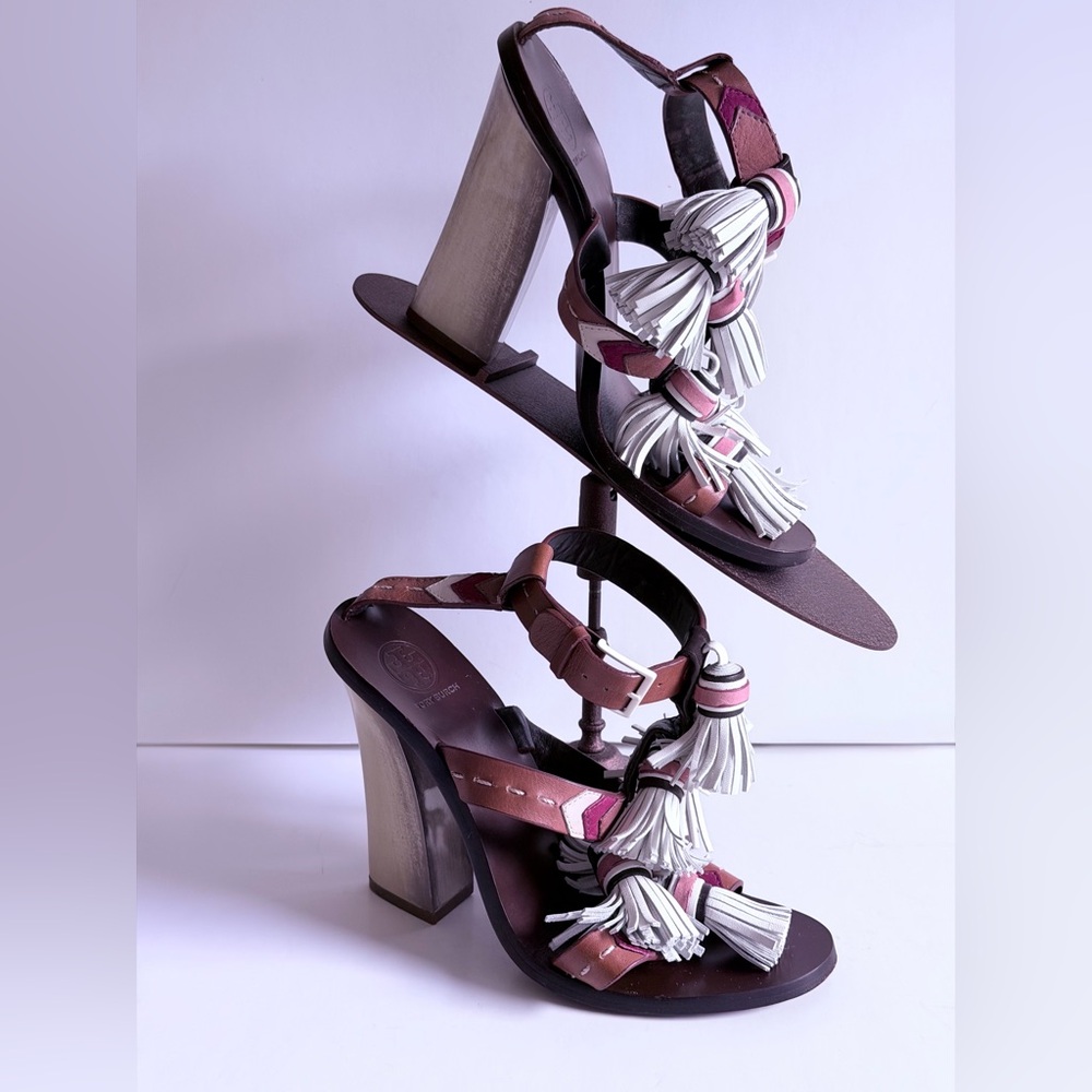 Tory Burch Weaver Heeled Sandals with Tassels Size 7 EUC